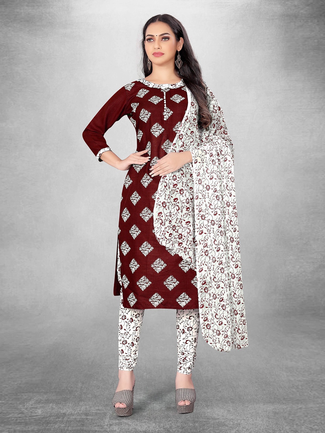 

KALINI Floral Printed Unstitched Dress Material, Maroon