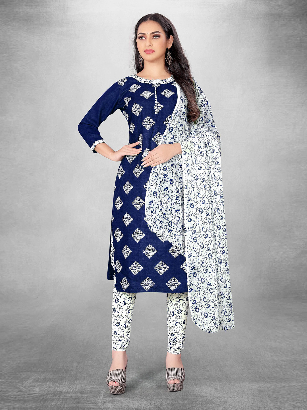 

KALINI Floral Printed Unstitched Dress Material, Navy blue