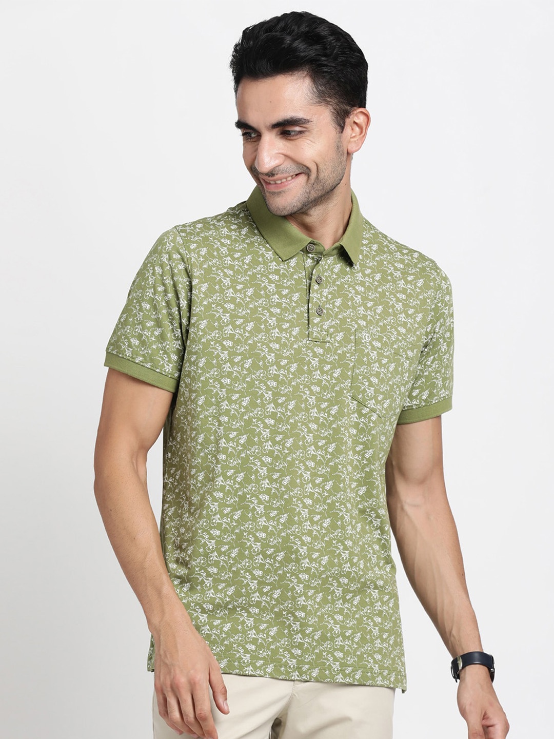 

Turtle Floral Printed Slim Fit Polo Collar T-shirt, Green