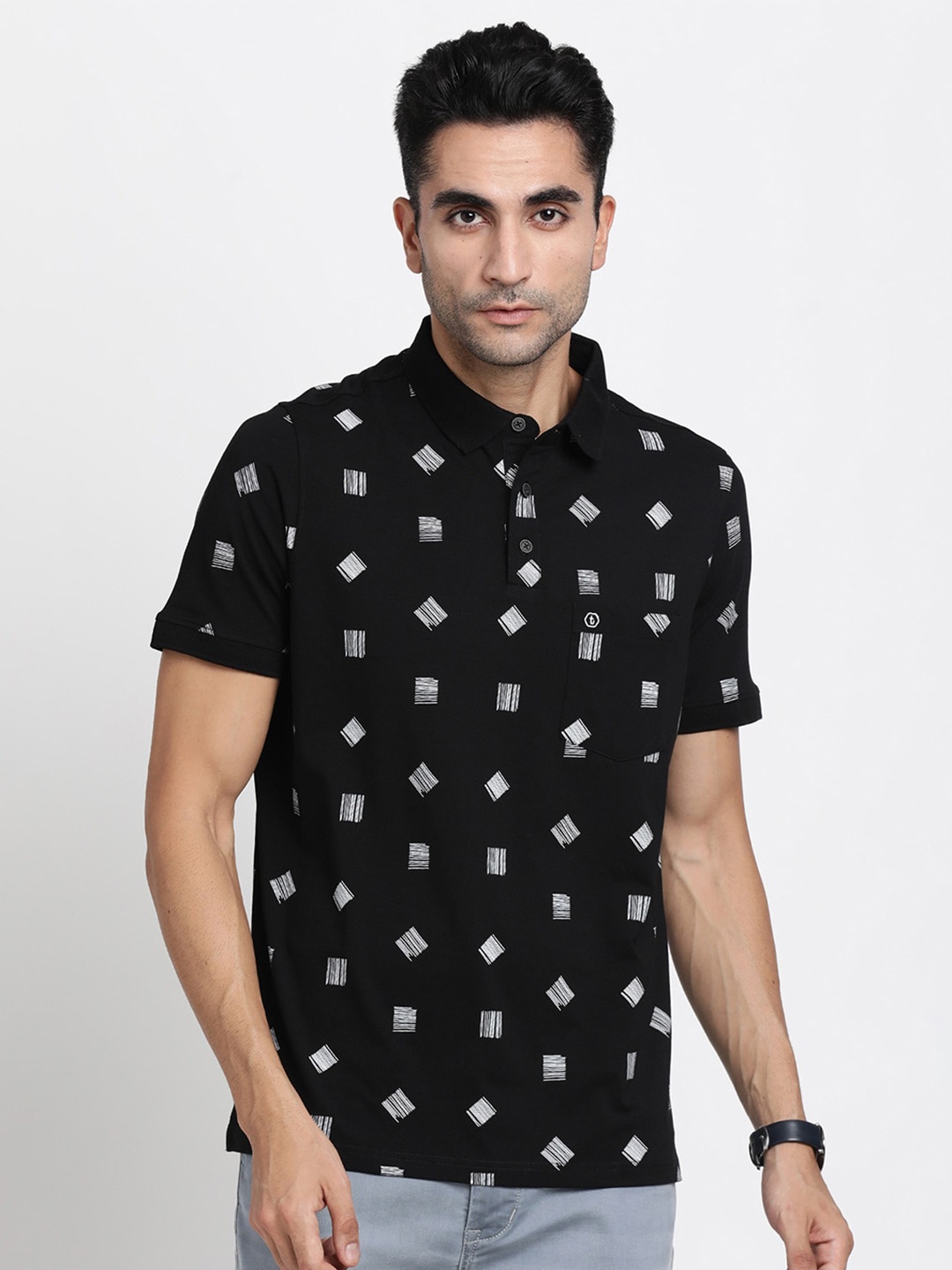 

Turtle Geometric Printed Slim Fit Polo Collar T-shirt, Black