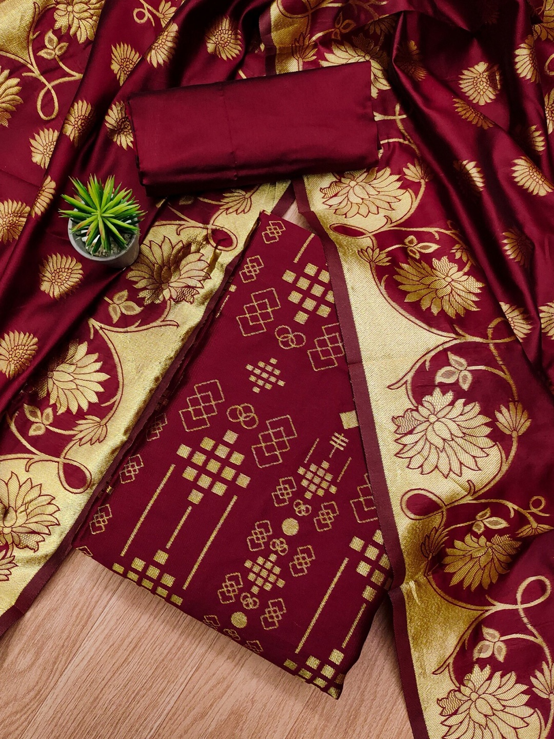 

KALINI Ethnic Motifs Woven Design Unstitched Dress Material, Maroon