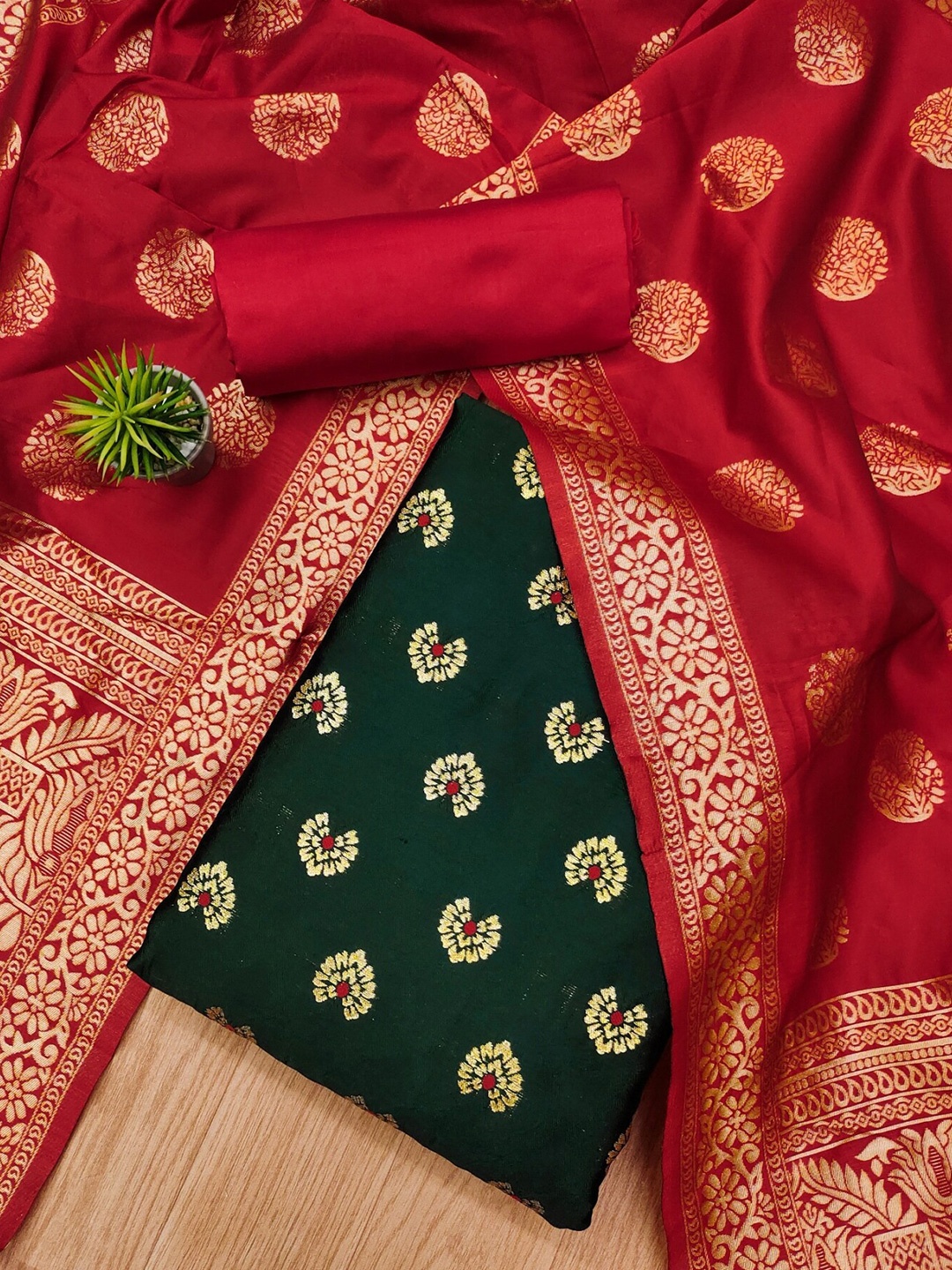 

KALINI Ethnic Woven Design Unstitched Dress Material, Green