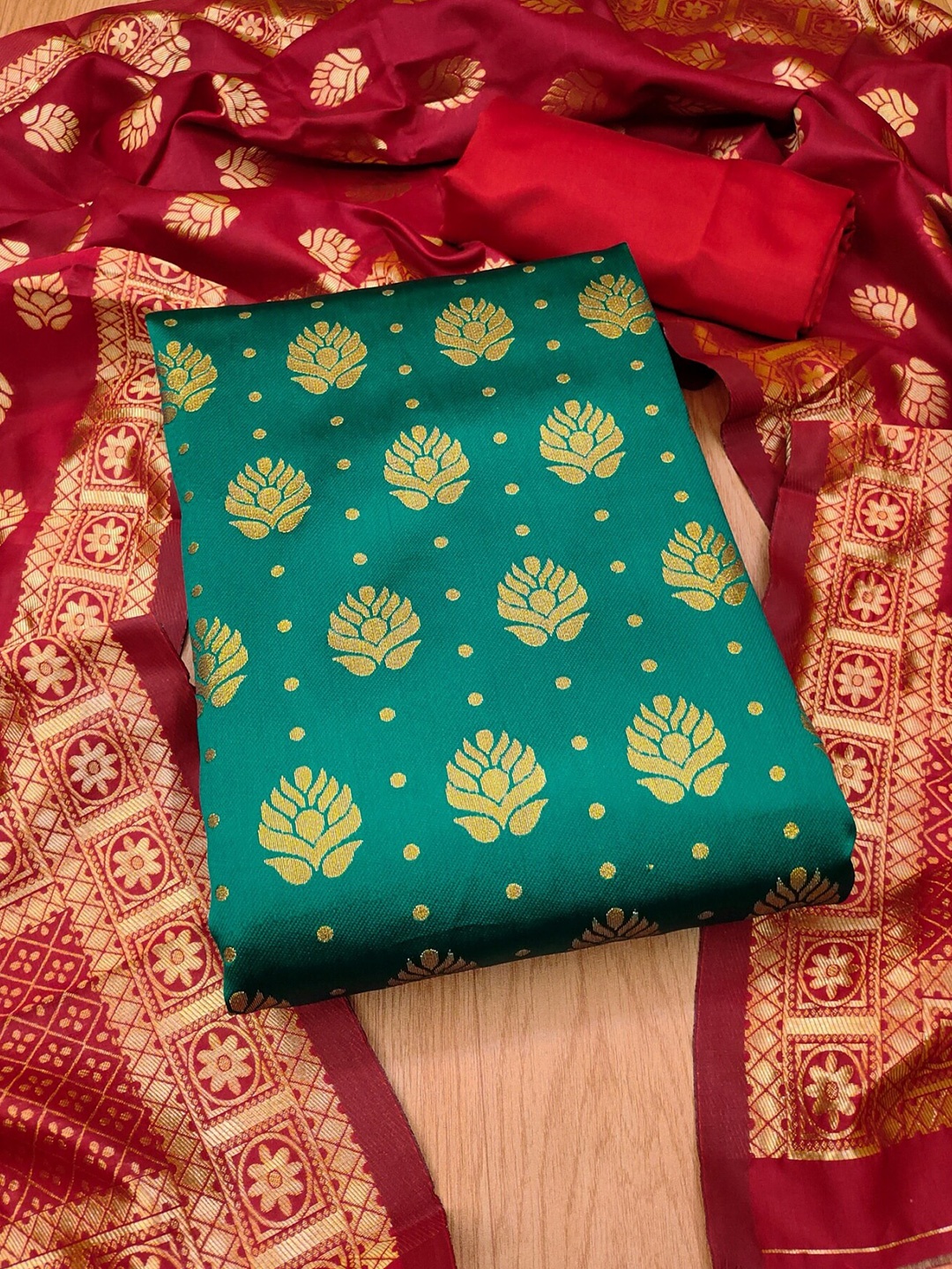 

KALINI Ethnic Woven Design Unstitched Dress Material, Green