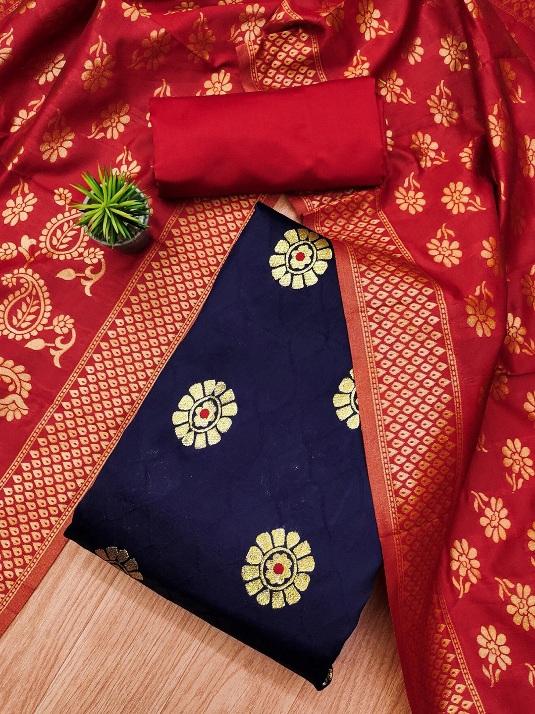 

KALINI Blue & Red Ethnic Motifs Woven Design Unstitched Dress Material