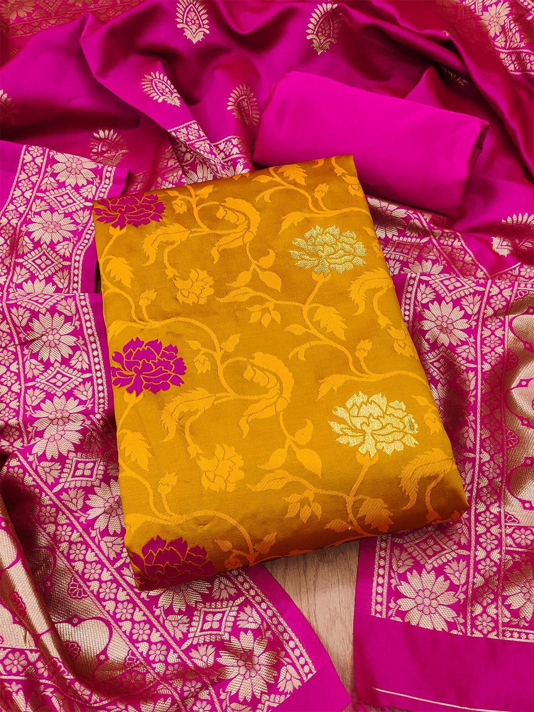 

KALINI Floral Zari Woven Design Unstitched Dress Material, Yellow