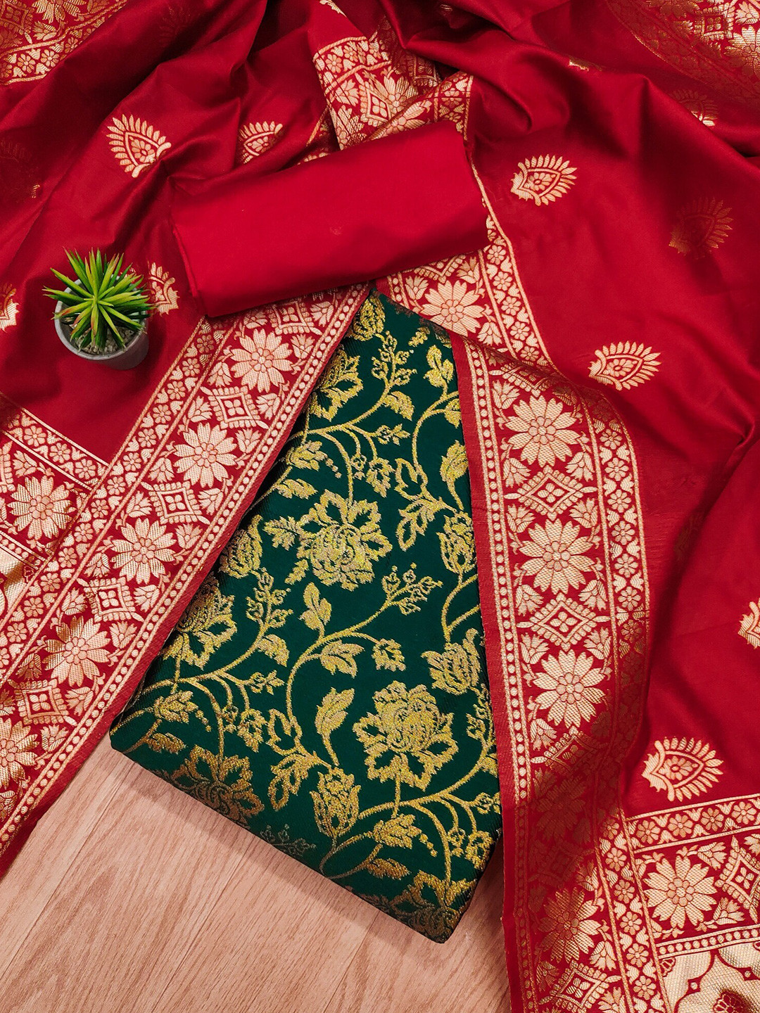 

KALINI Ethnic Motifs Woven Design Unstitched Dress Material, Green