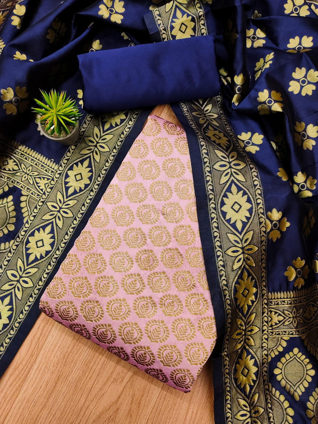 

KALINI Ethnic Motifs Zari Woven Design Unstitched Dress Material, Pink