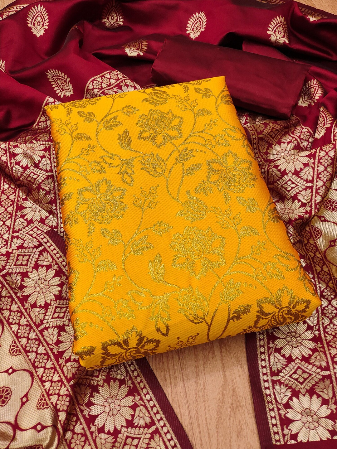 

KALINI Floral Zari Woven Design Unstitched Dress Material, Yellow