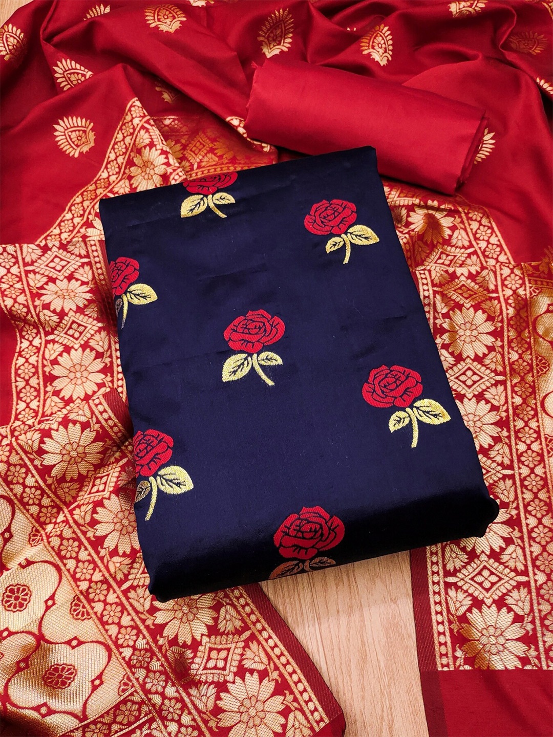 

KALINI Ethnic Motifs Printed Unstitched Dress Material, Navy blue