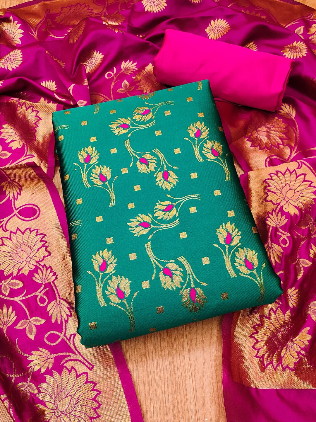 

KALINI Floral Zari Woven Design Unstitched Dress Material, Green