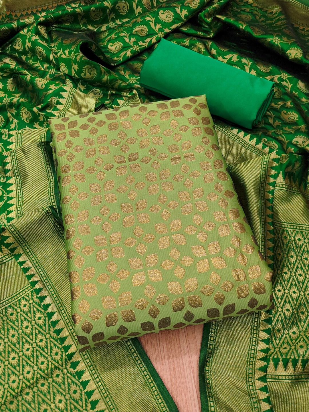 

KALINI Woven Design Zari Unstitched Dress Material, Green
