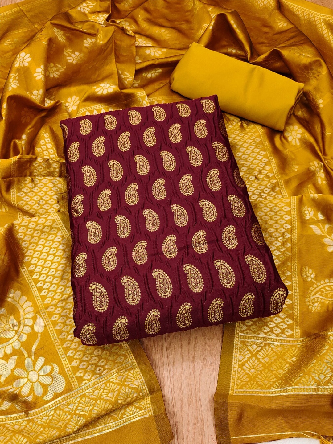 

KALINI Woven Design Zari Unstitched Dress Material, Maroon