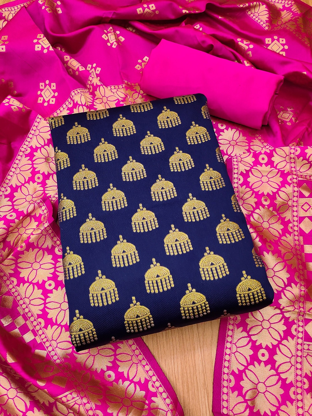 

KALINI Ethnic Motifs Woven Design Zari Unstitched Dress Material, Navy blue