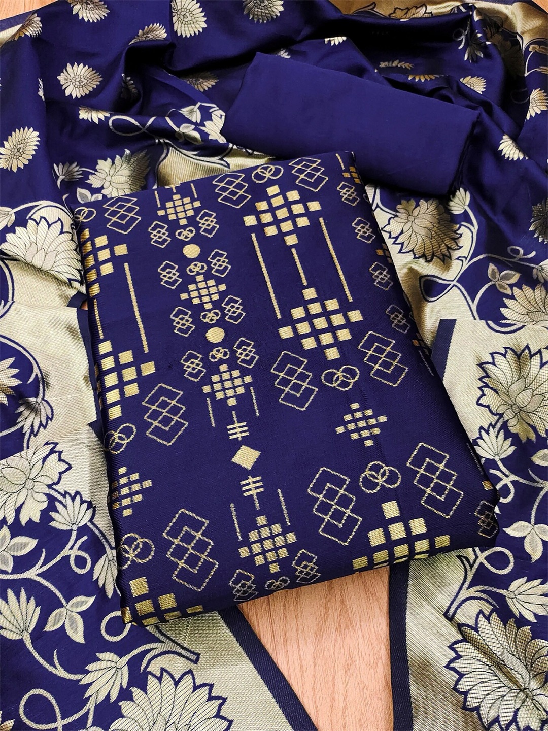 

KALINI Woven Design Zari Unstitched Dress Material, Navy blue