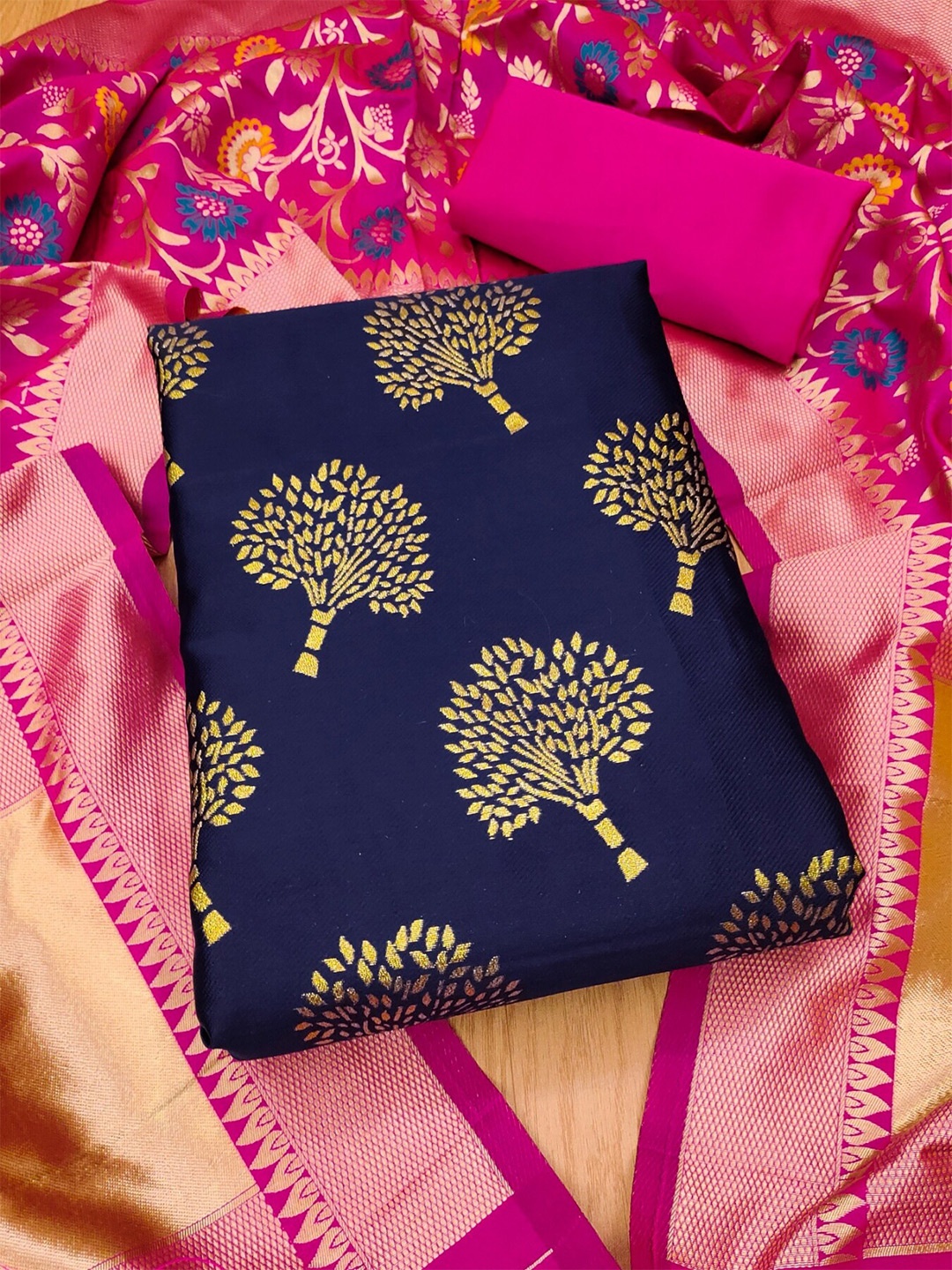 

KALINI Floral Woven Design Zari Unstitched Dress Material, Blue