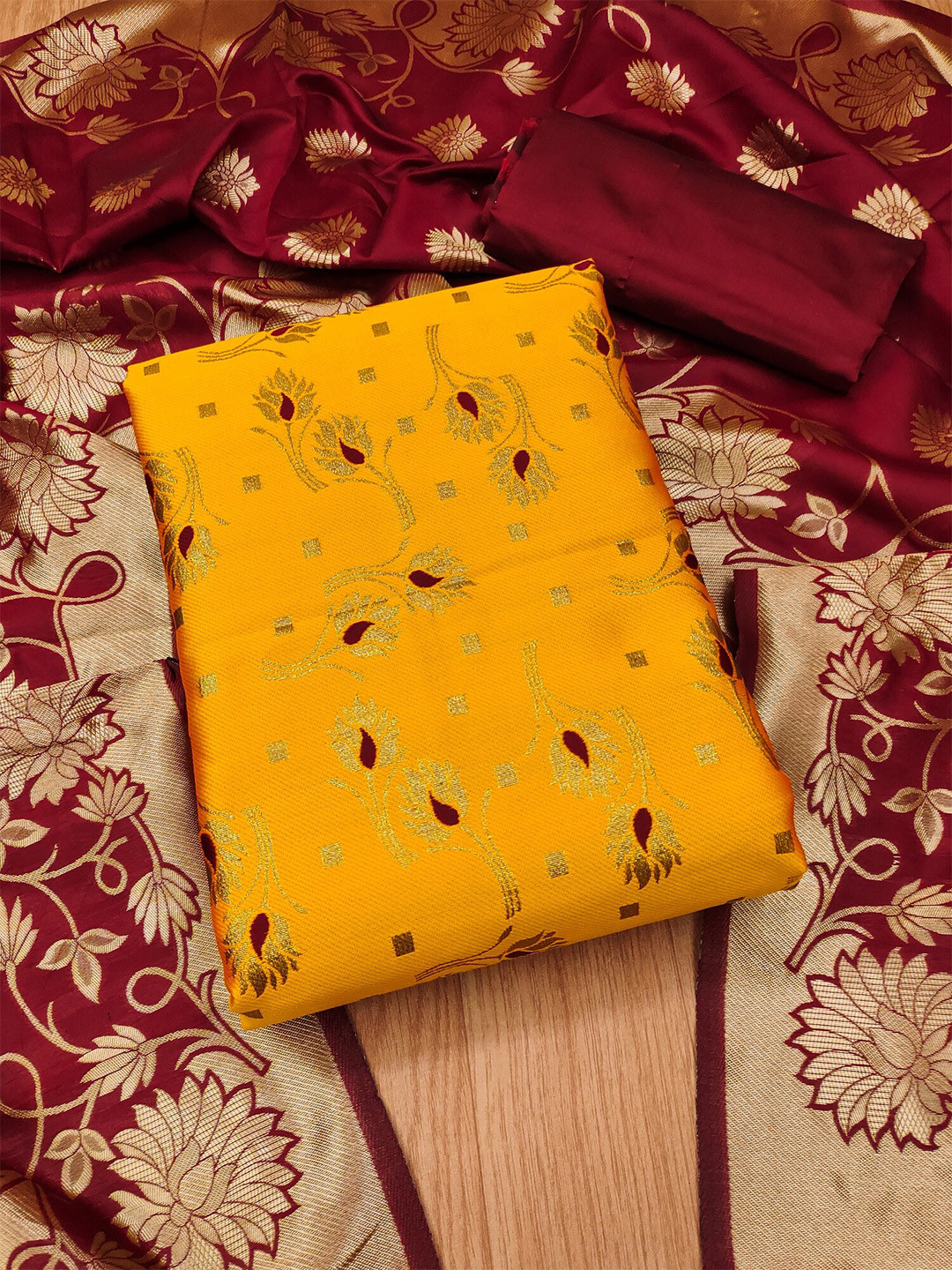 

KALINI Ethnic Motifs Woven Design Unstitched Dress Material, Yellow
