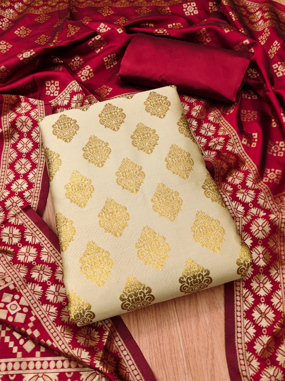 

KALINI Ethnic Motifs Woven Design Unstitched Dress Material, Beige