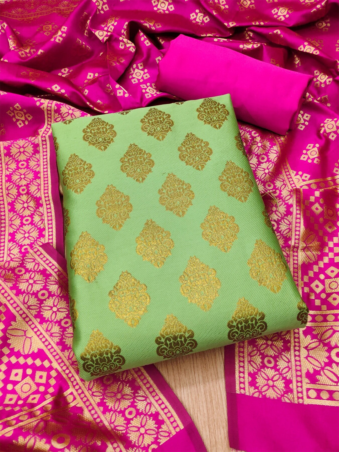 

KALINI Green & Pink Ethnic Motifs Woven Design Unstitched Dress Material