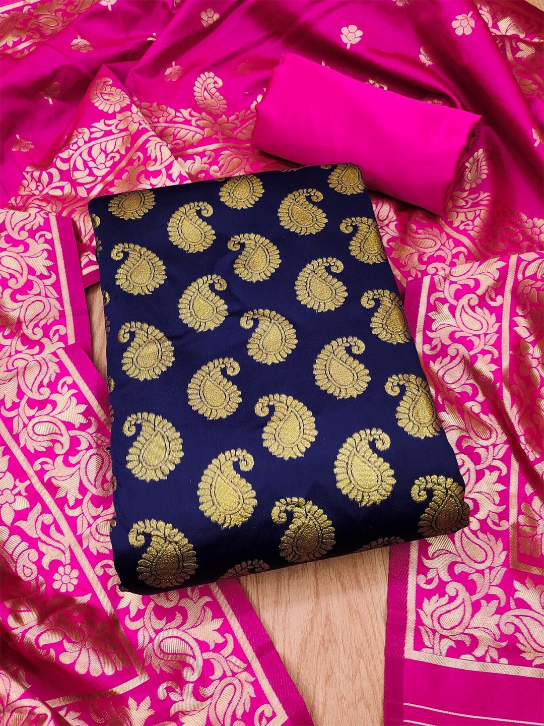 

KALINI Paisley Woven Design Unstitched Dress Material, Navy blue