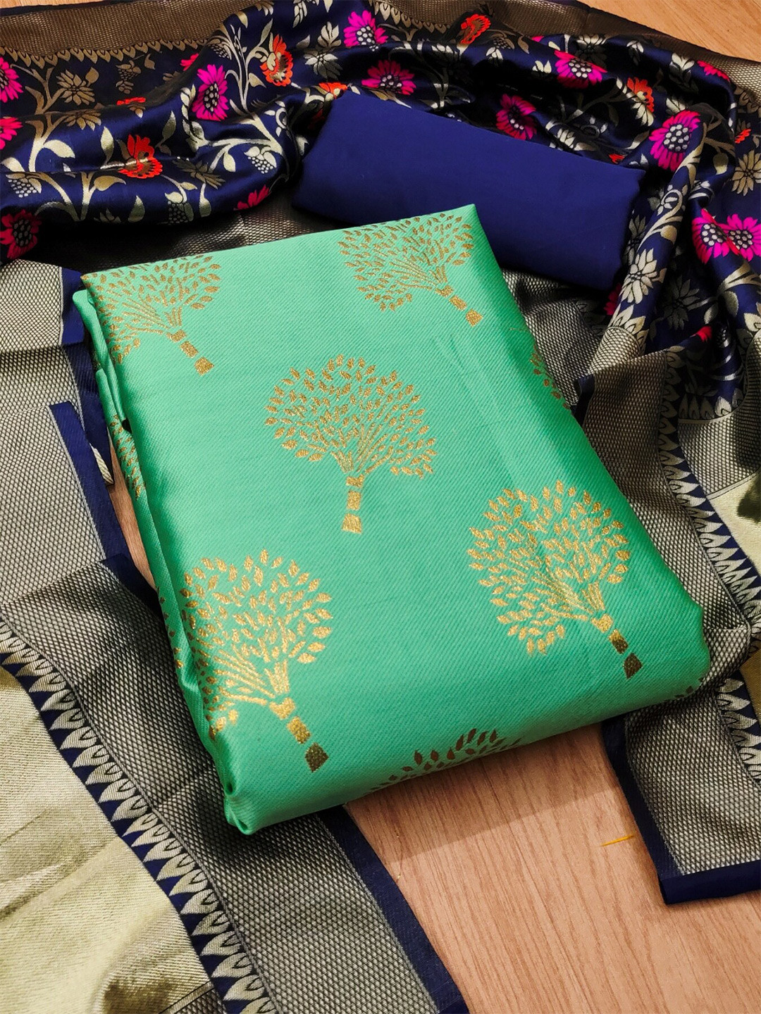 

KALINI Ethnic Motifs Woven Design Unstitched Dress Material, Sea green