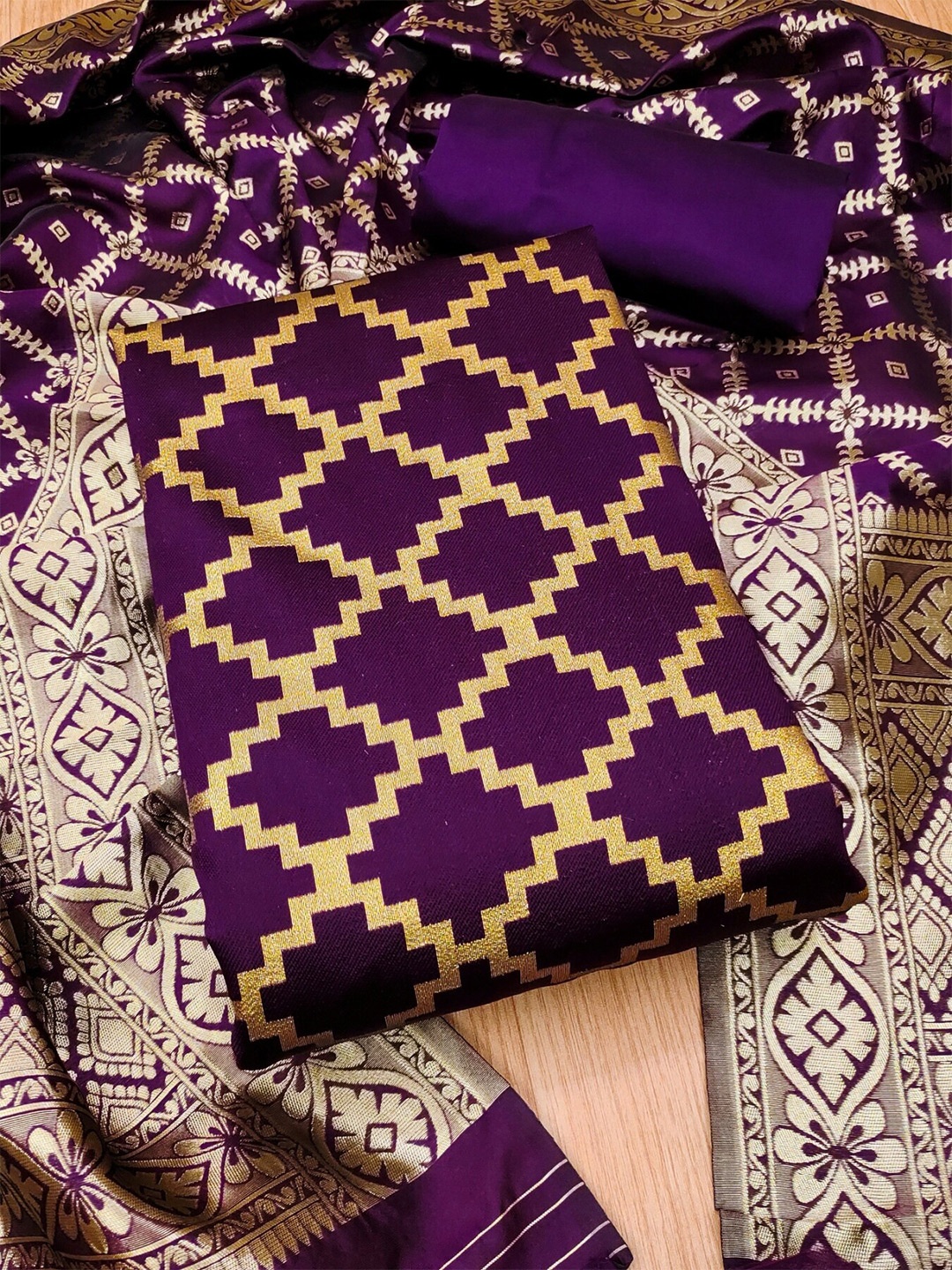 

KALINI Ethnic Motifs Woven Design Unstitched Dress Material, Purple