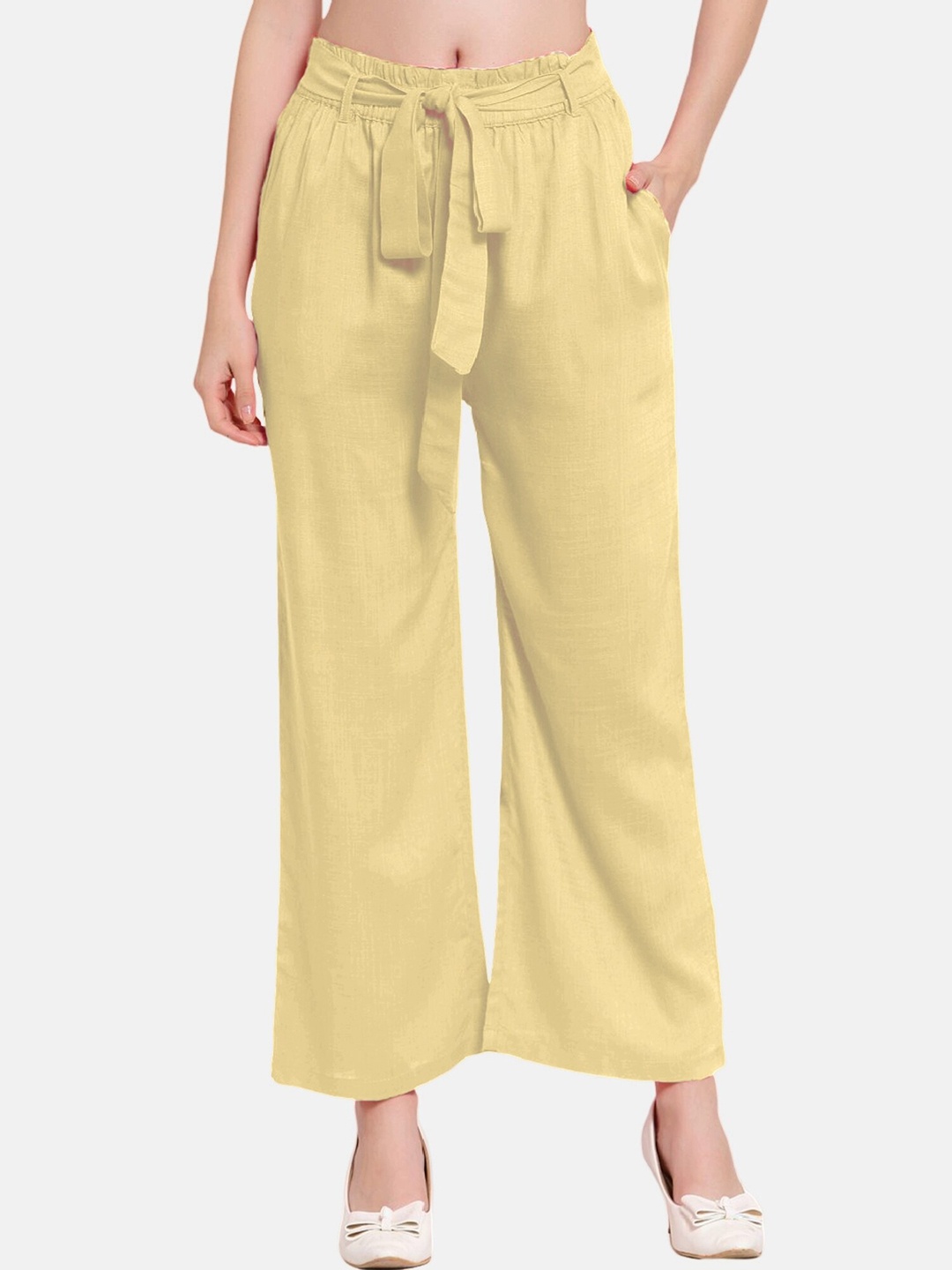 

PATRORNA Women Mid-Rise Smart Loose Fit Pleated Parallel Trousers, Gold