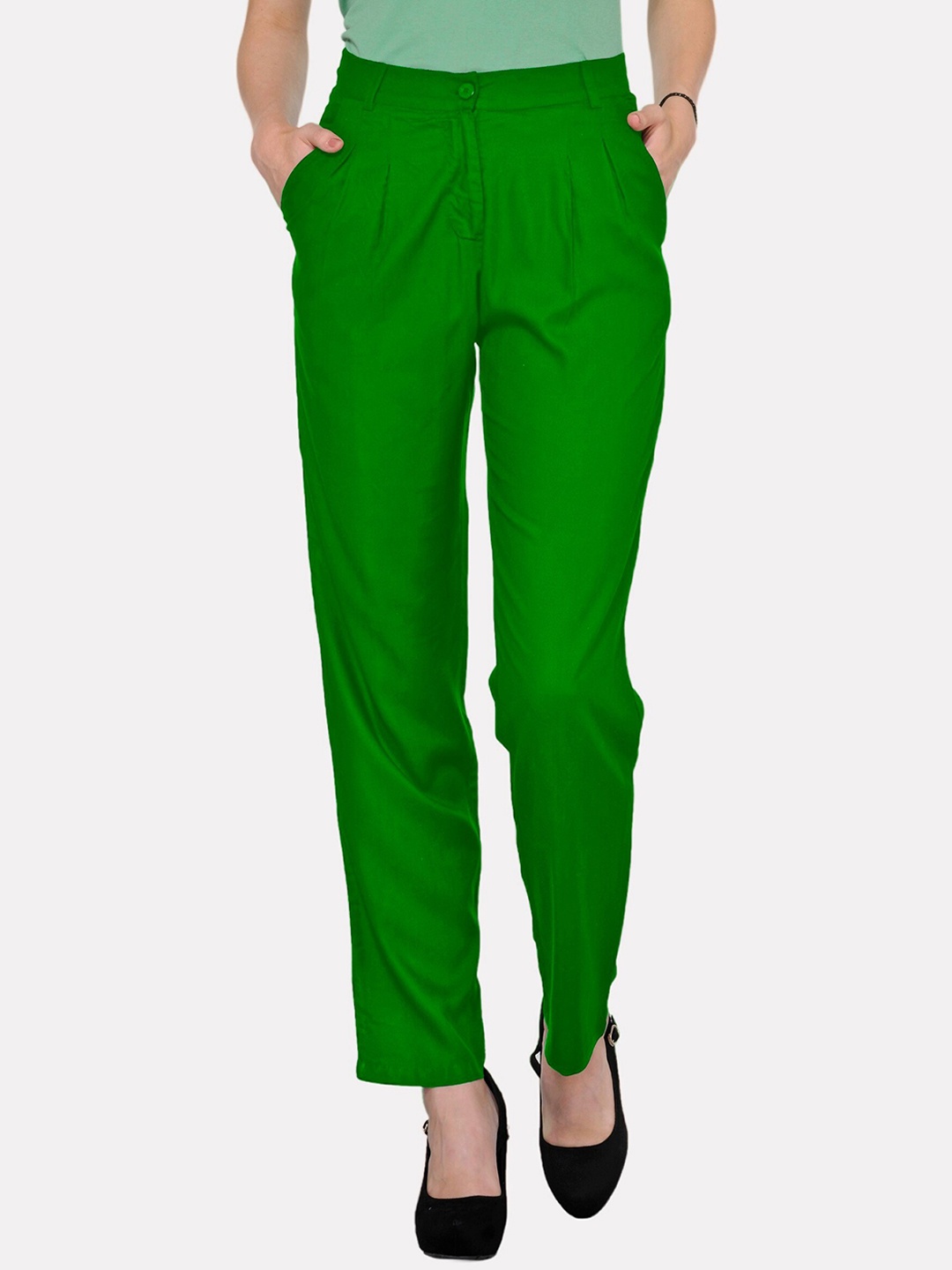 

PATRORNA Women Smart Straight Fit Pleated Trousers, Green