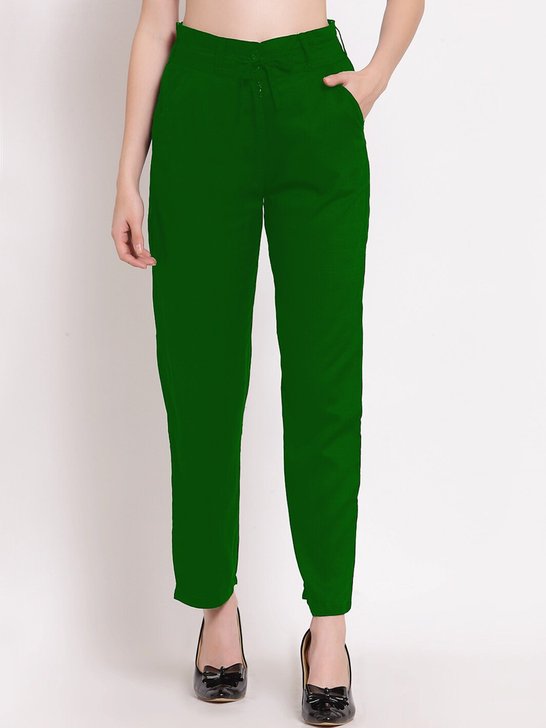 

PATRORNA Women Smart Mid Rise Cotton Trousers, Green