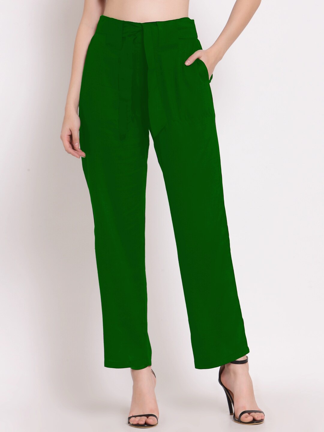 

PATRORNA Women Mid-Rise Smart Straight Fit Plain Culotte Trousers, Green
