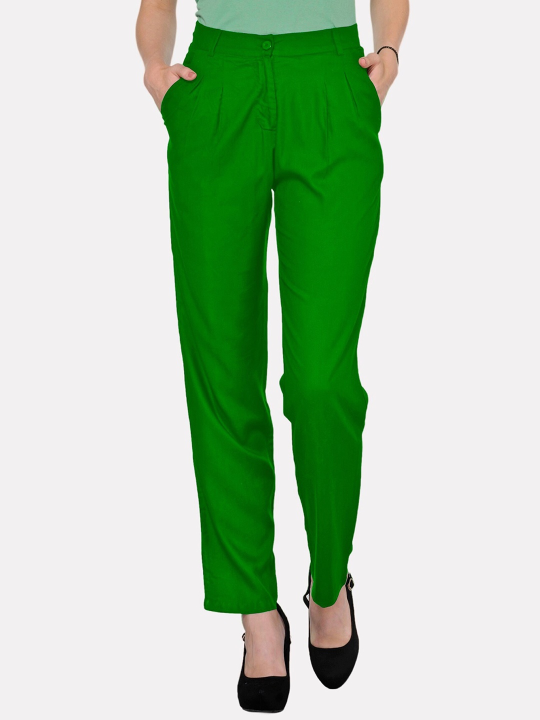 

PATRORNA Women Mid-Rise Smart Straight Fit Pleated Regular Trousers, Green