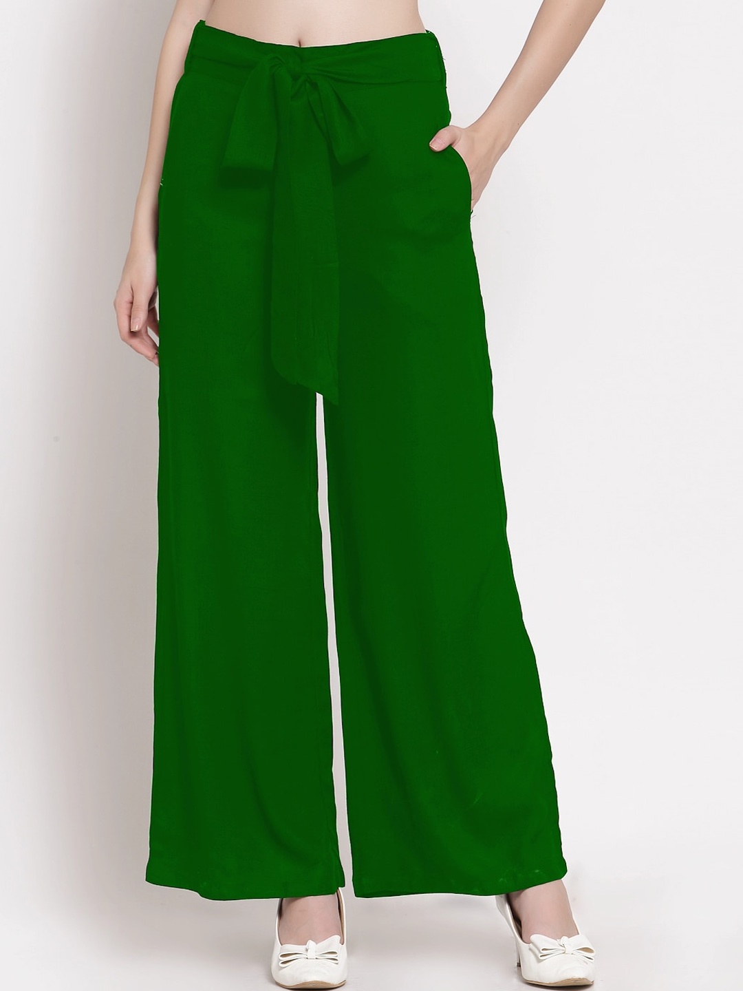 

PATRORNA Women Smart Mid Rise Plain Loose Fit Parallel Trousers, Green