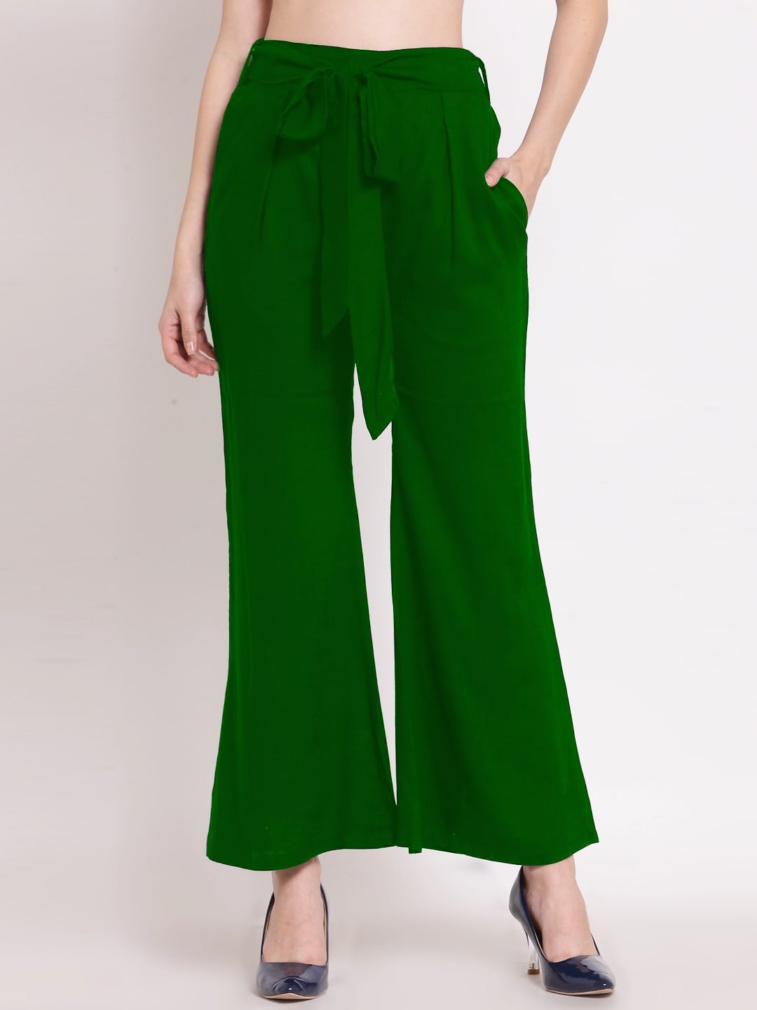 

PATRORNA Women Smart Straight Fit Pleated Cotton Culotte Trousers, Green