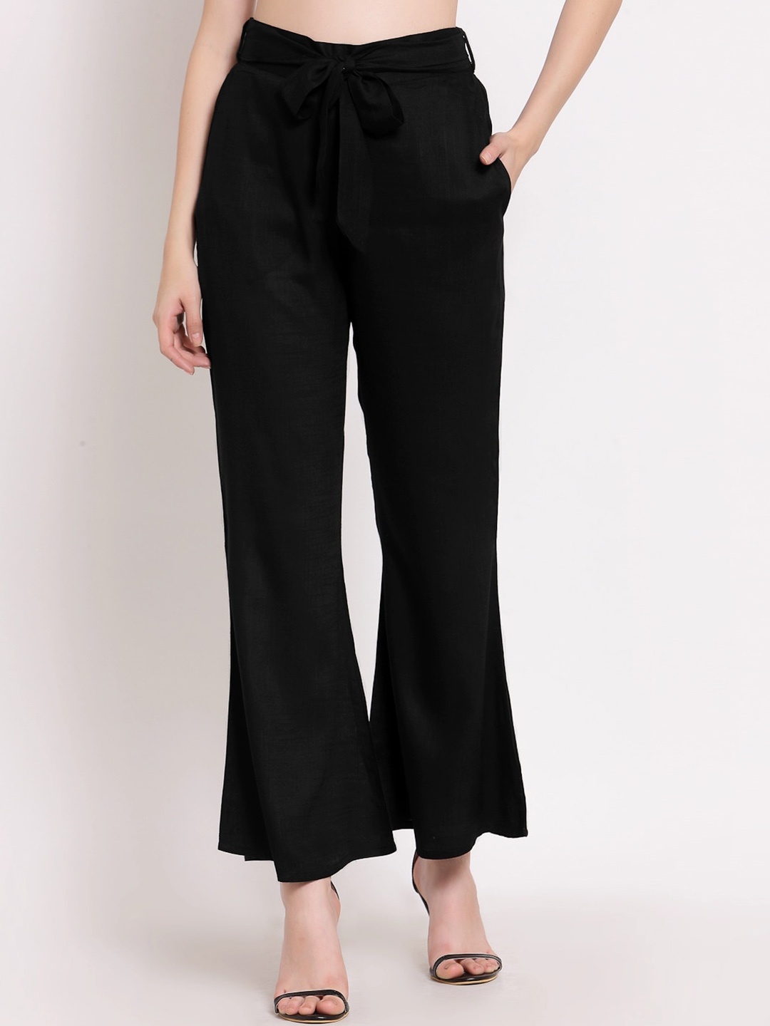 

PATRORNA Women Smart Mid-Rise Cotton Trousers, Black