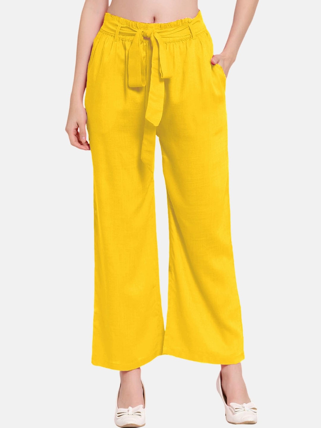 

PATRORNA Women Yellow Smart Loose Fit Pleated Cotton Parallel Trousers