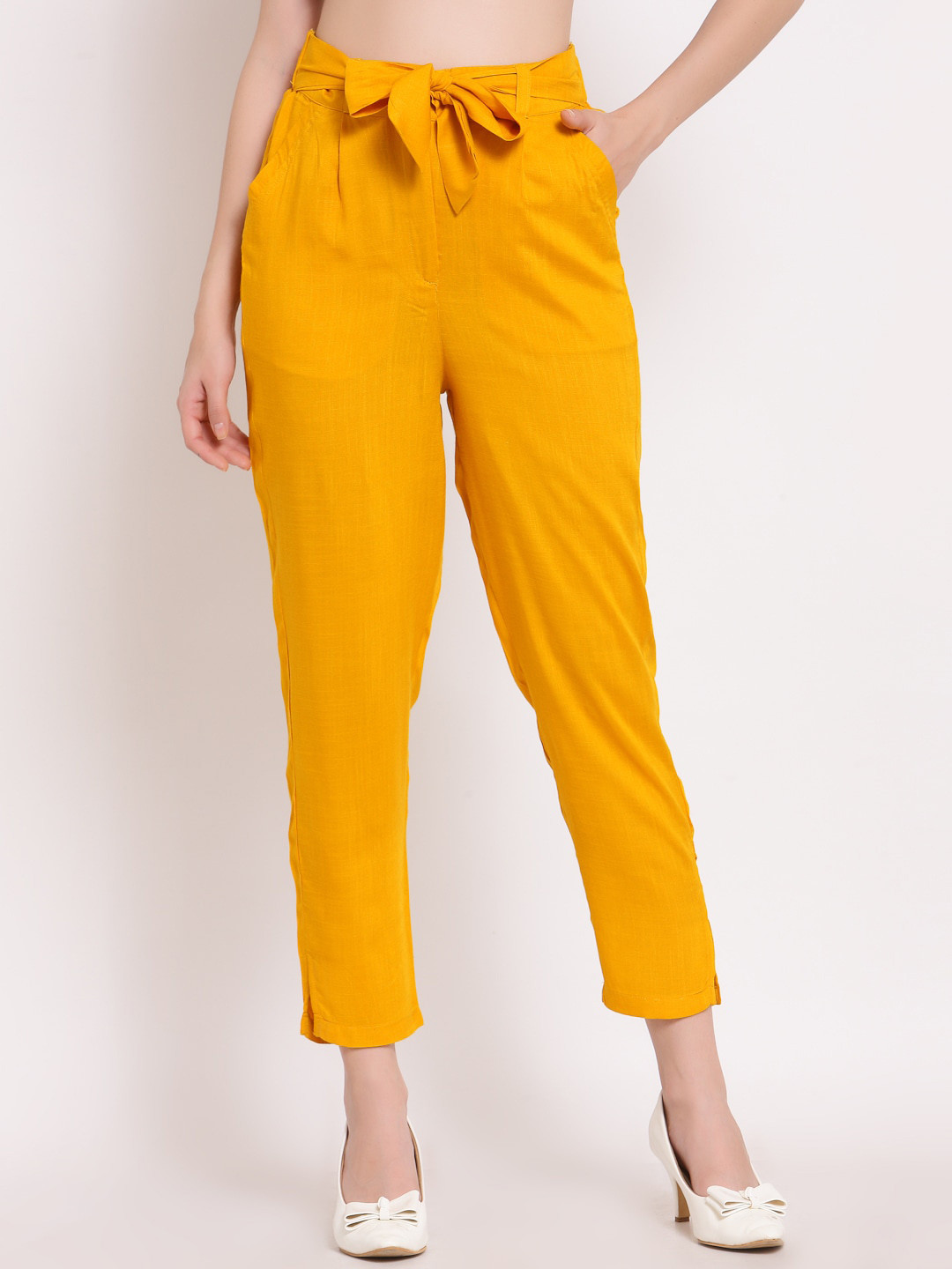 

PATRORNA Women Plus Size Mid-Rise Smart Slim Fit Pleated Cigarette Trousers, Mustard