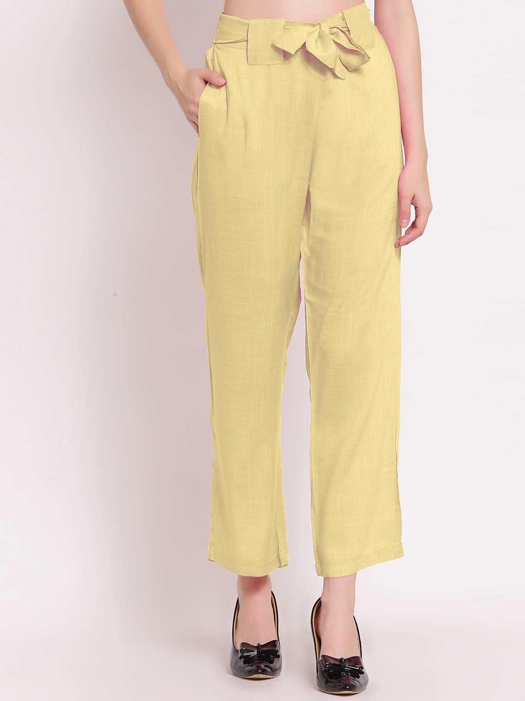 

PATRORNA Women Smart Straight Fit Mid-Rise Peg Trousers, Gold