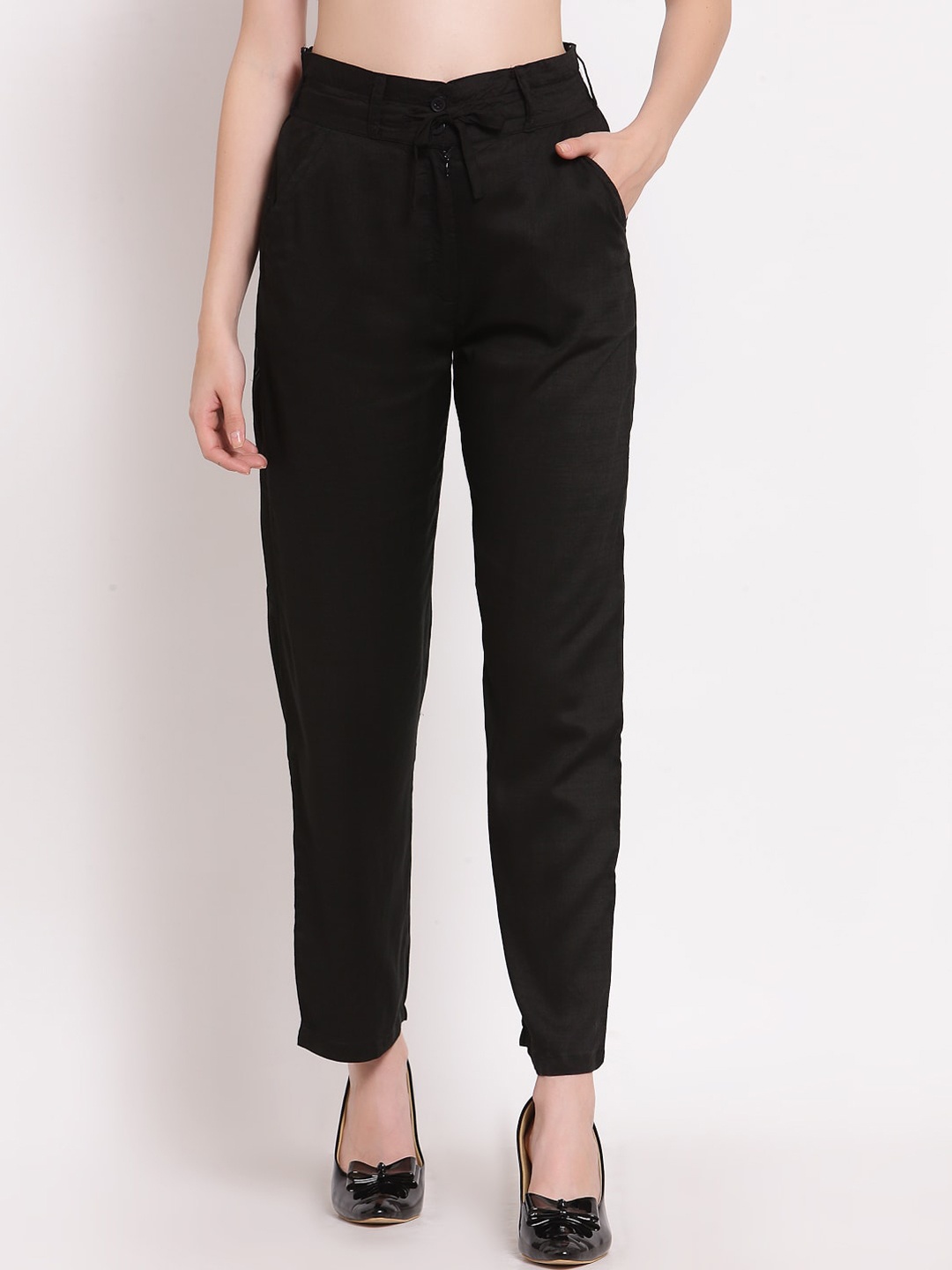 

PATRORNA Women Smart Mid-Rise Trousers, Black
