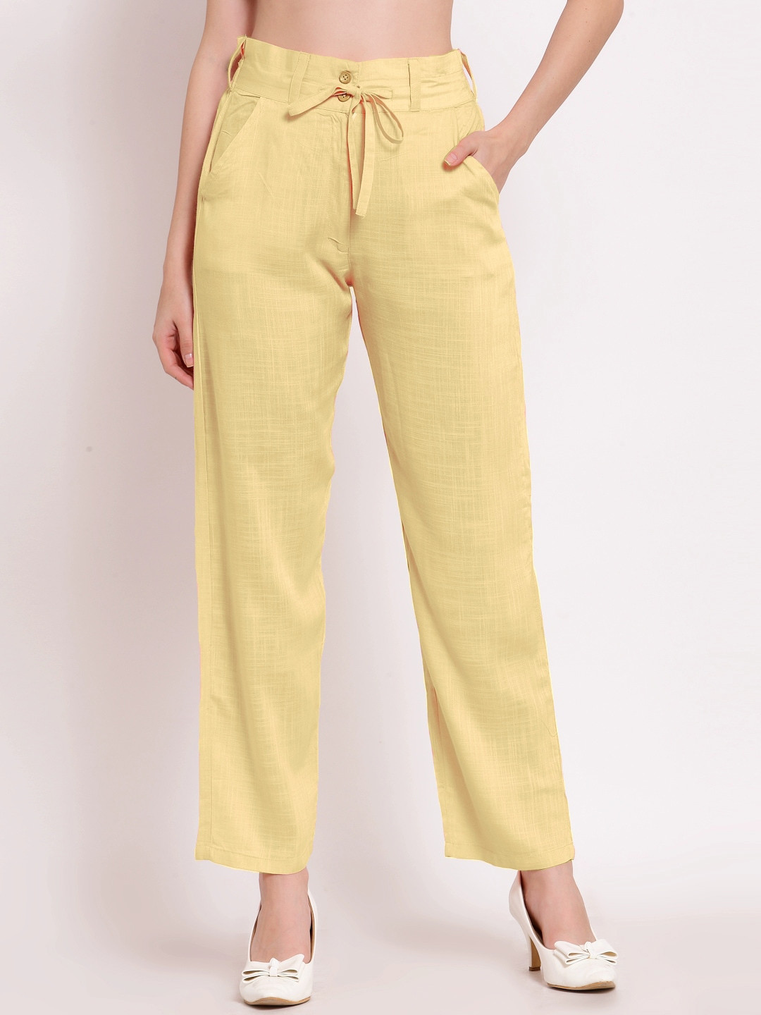 

PATRORNA Women Smart Fit Cotton Parallel Trousers With Belt, Gold
