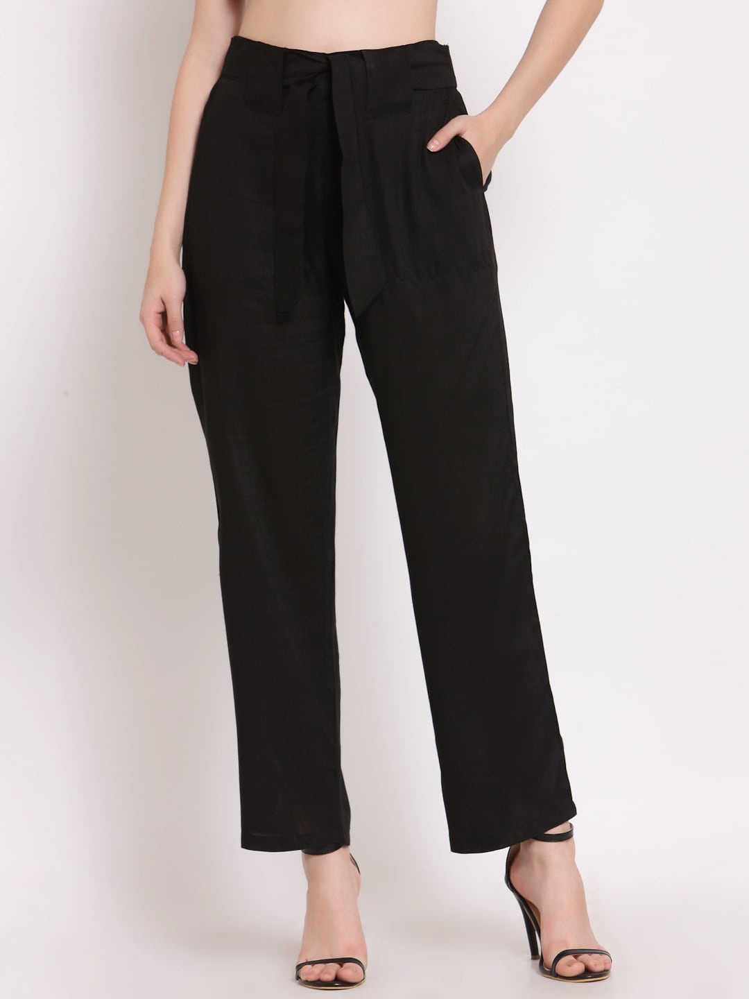 

PATRORNA Women Smart Mid Rise Plain Straight Fit Peg Trousers, Black