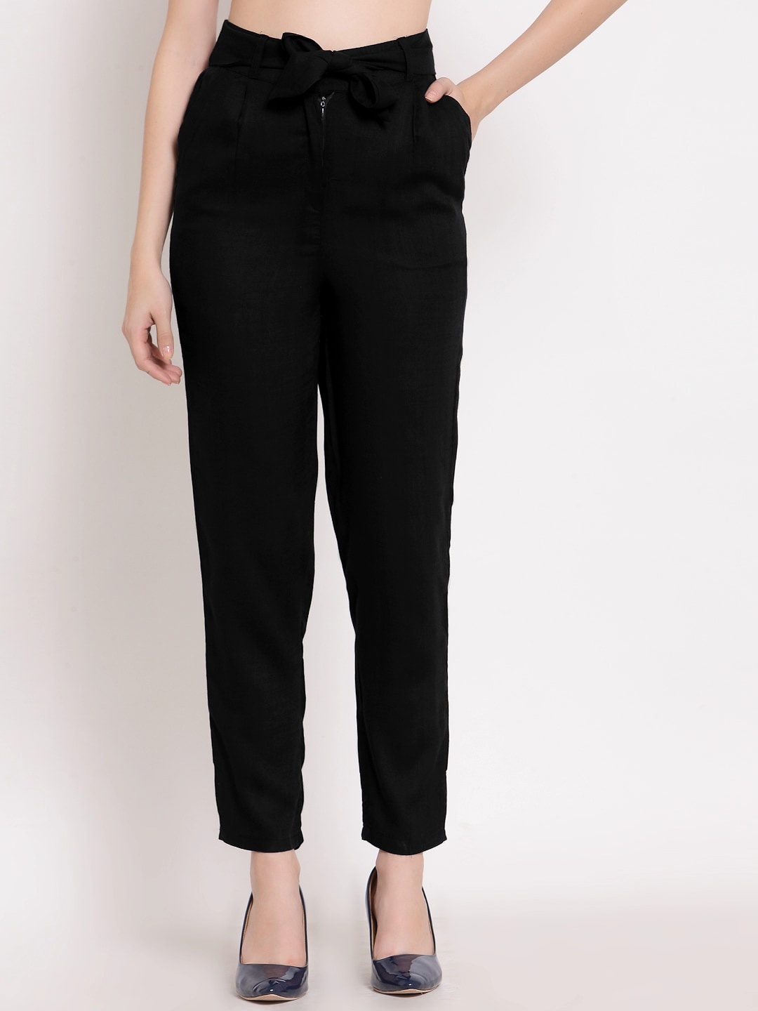 

PATRORNA Women Smart Slim Fit Pleated Regular Trousers, Black