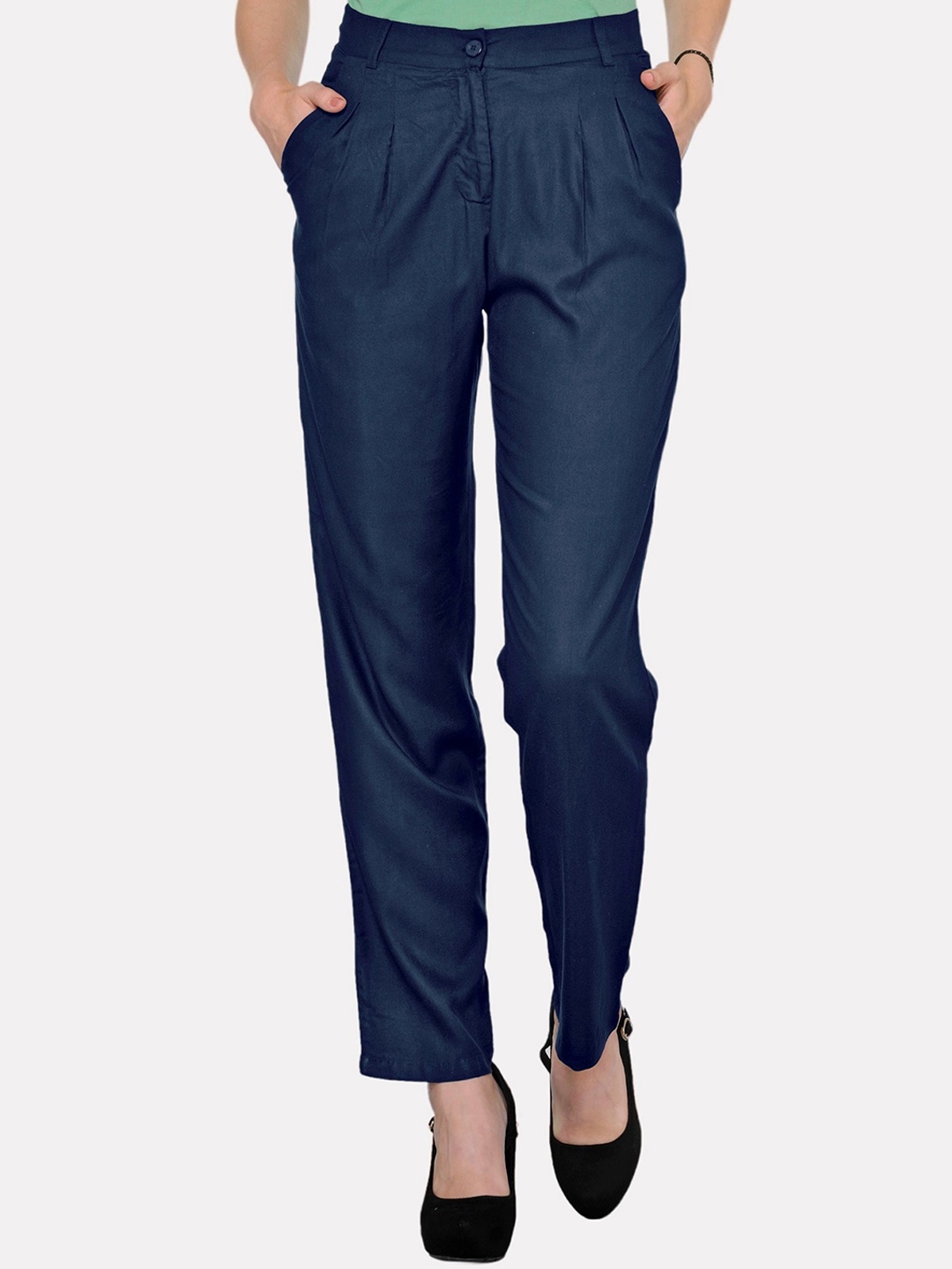 

PATRORNA Women Smart Straight Fit Pleated Trousers, Navy blue