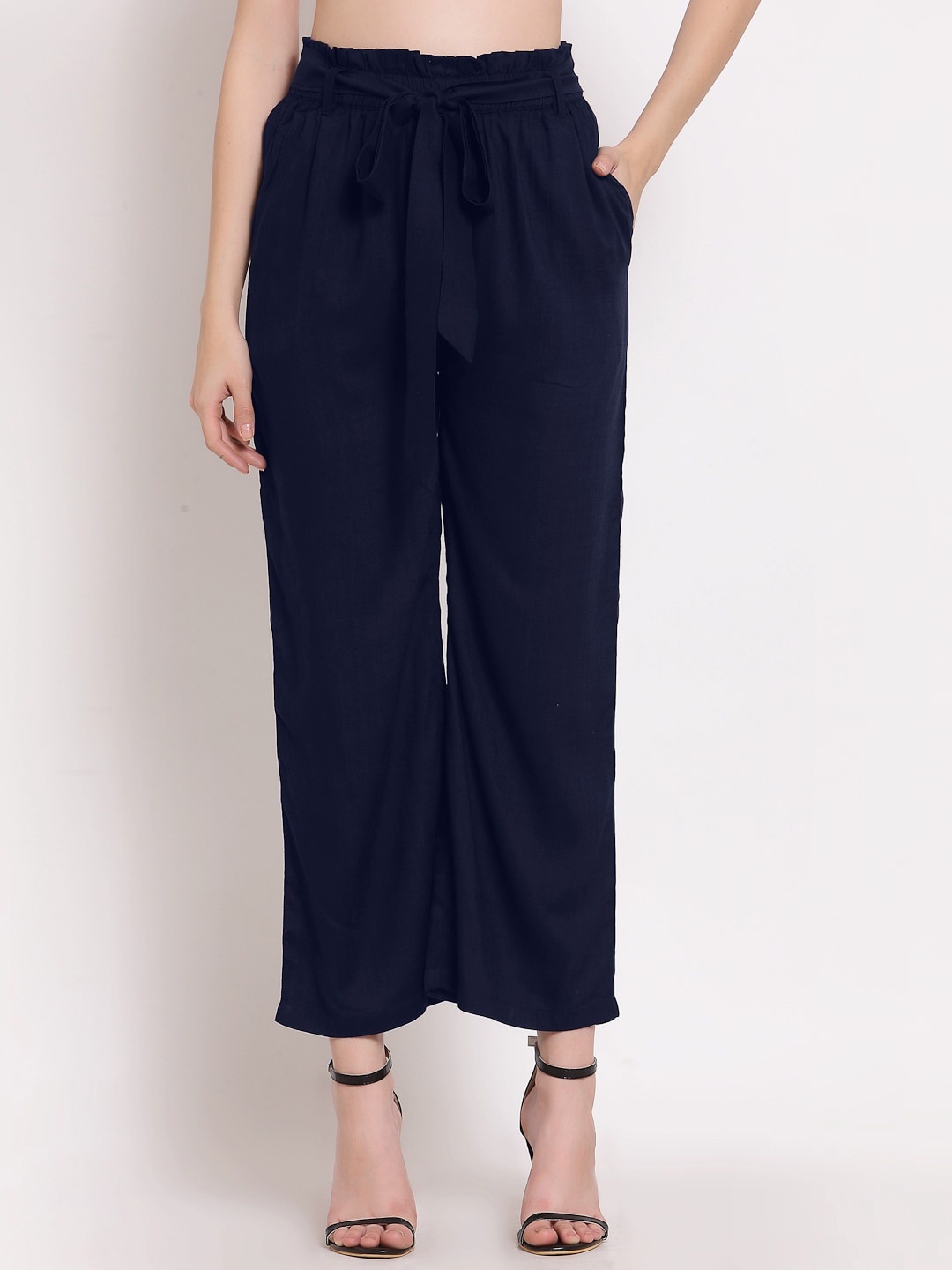 

PATRORNA Women Smart Loose Fit Pleated Parallel Trousers, Navy blue