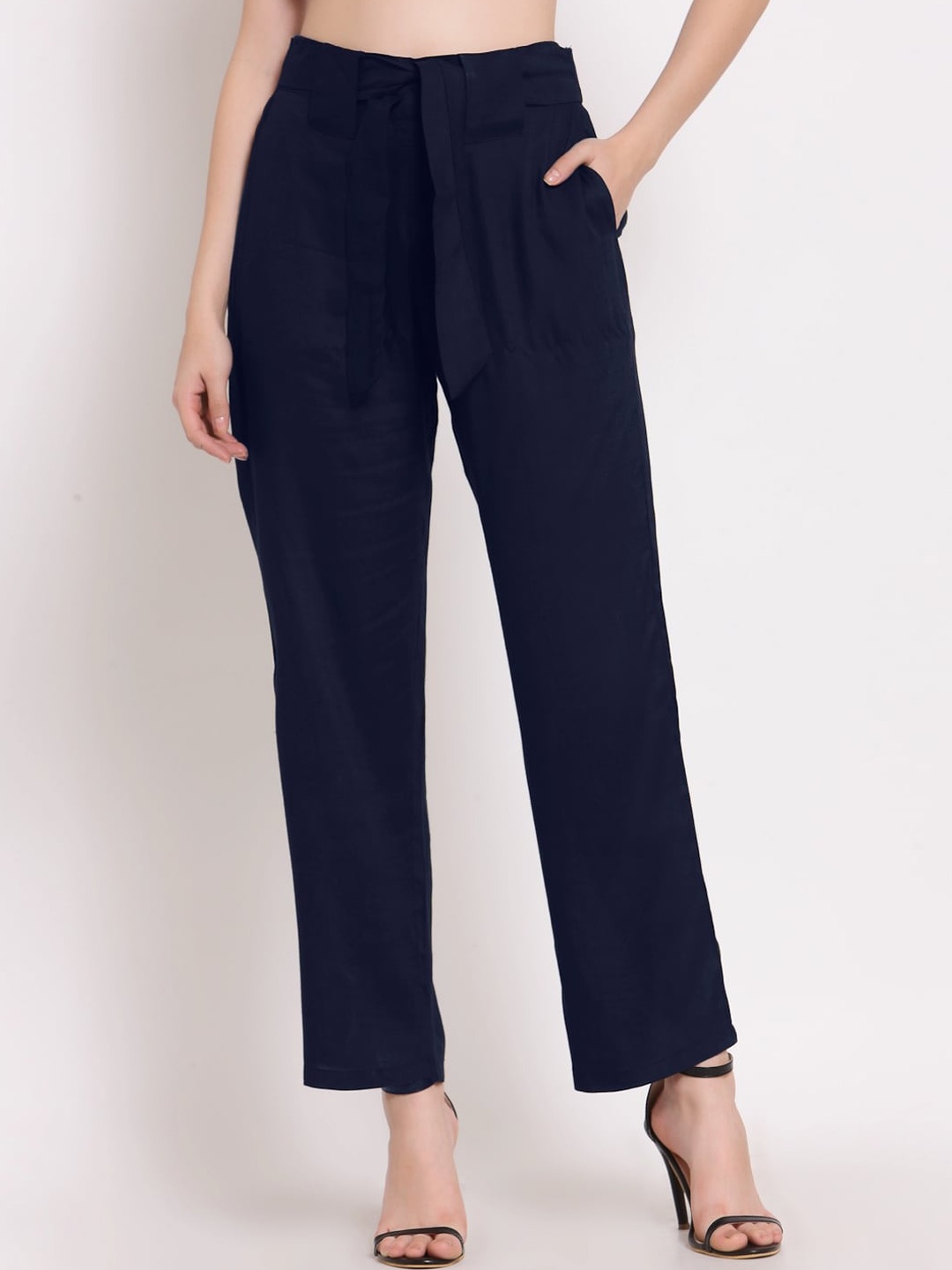 

PATRORNA Women Smart Mid Rise Plain Straight Fit Peg Trousers, Navy blue