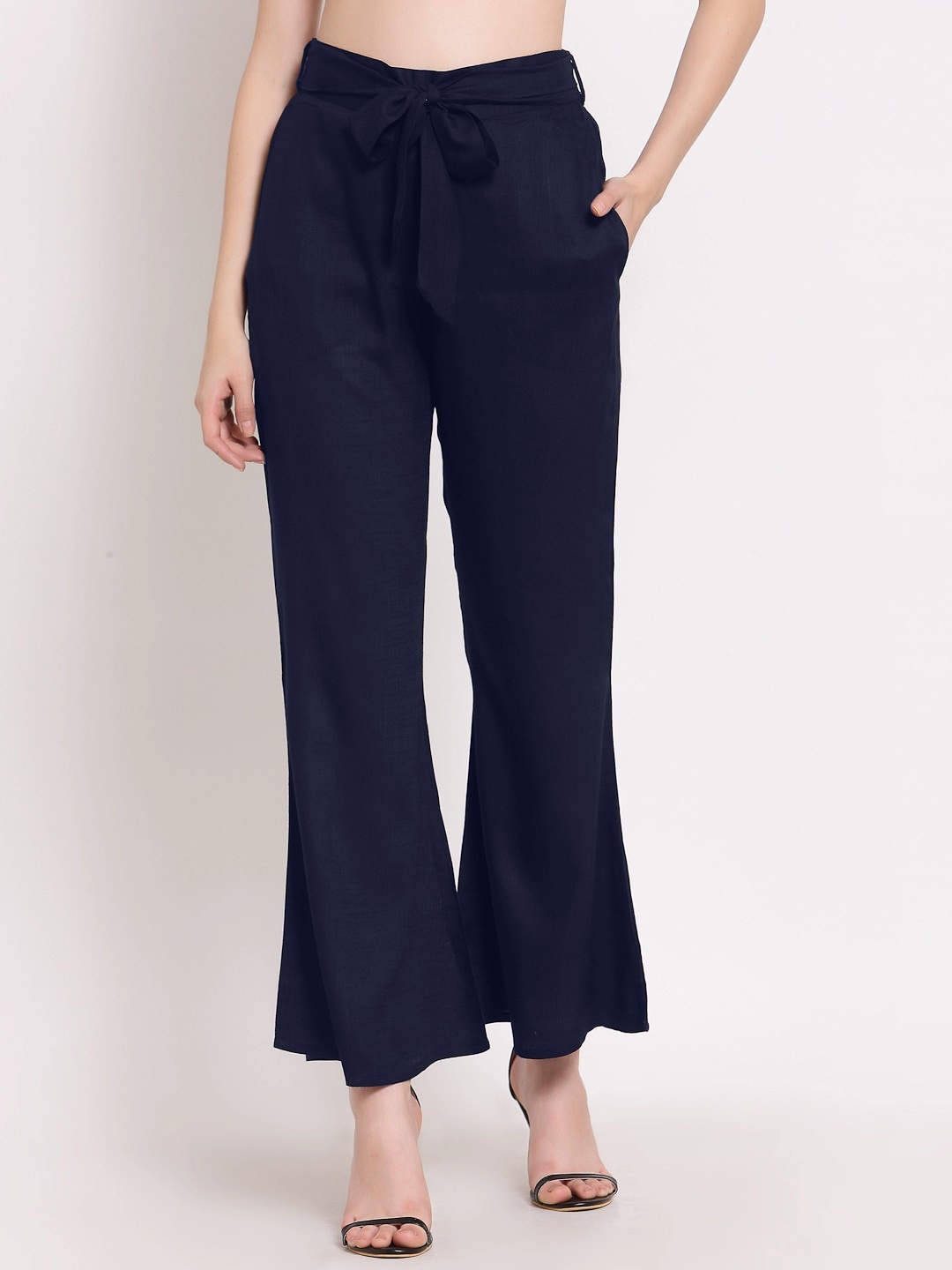 

PATRORNA Women Smart Straight Fit Cotton Bootcut Trousers, Blue