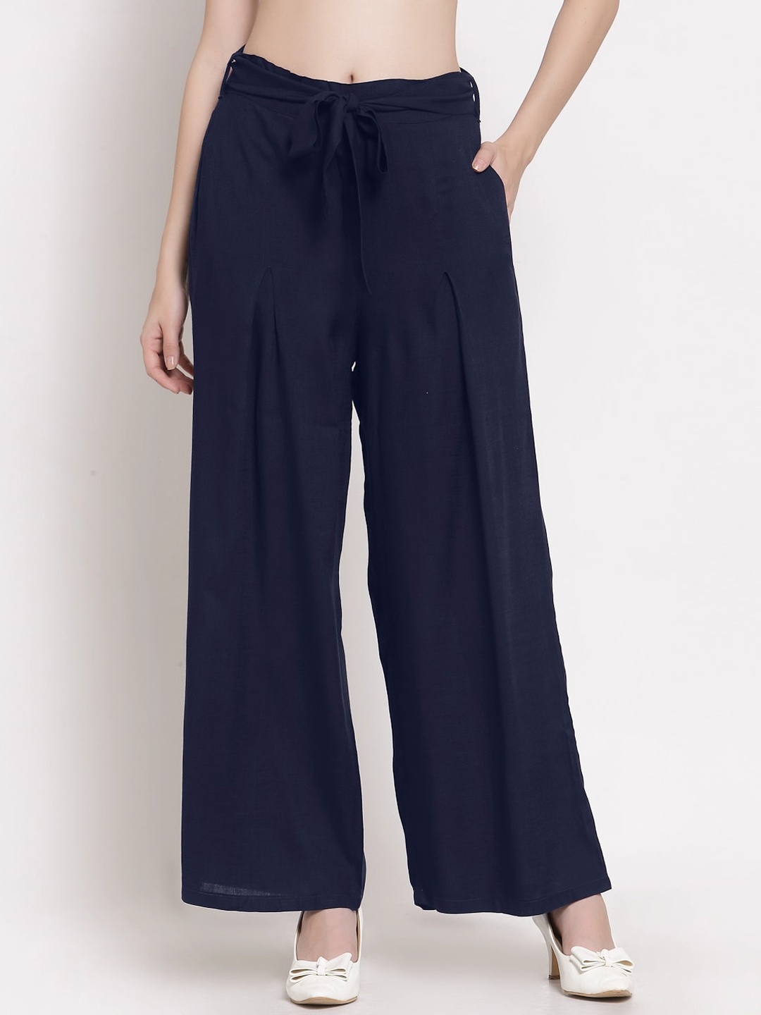 

PATRORNA Women Smart Loose Fit Pleated Trousers, Blue