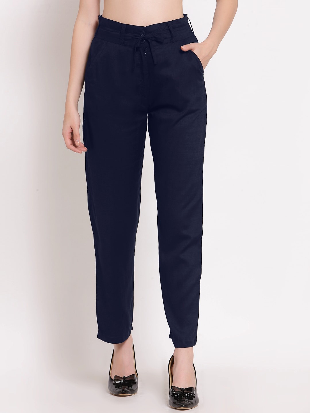 

PATRORNA Women Smart Mid-Rise Trousers, Navy blue