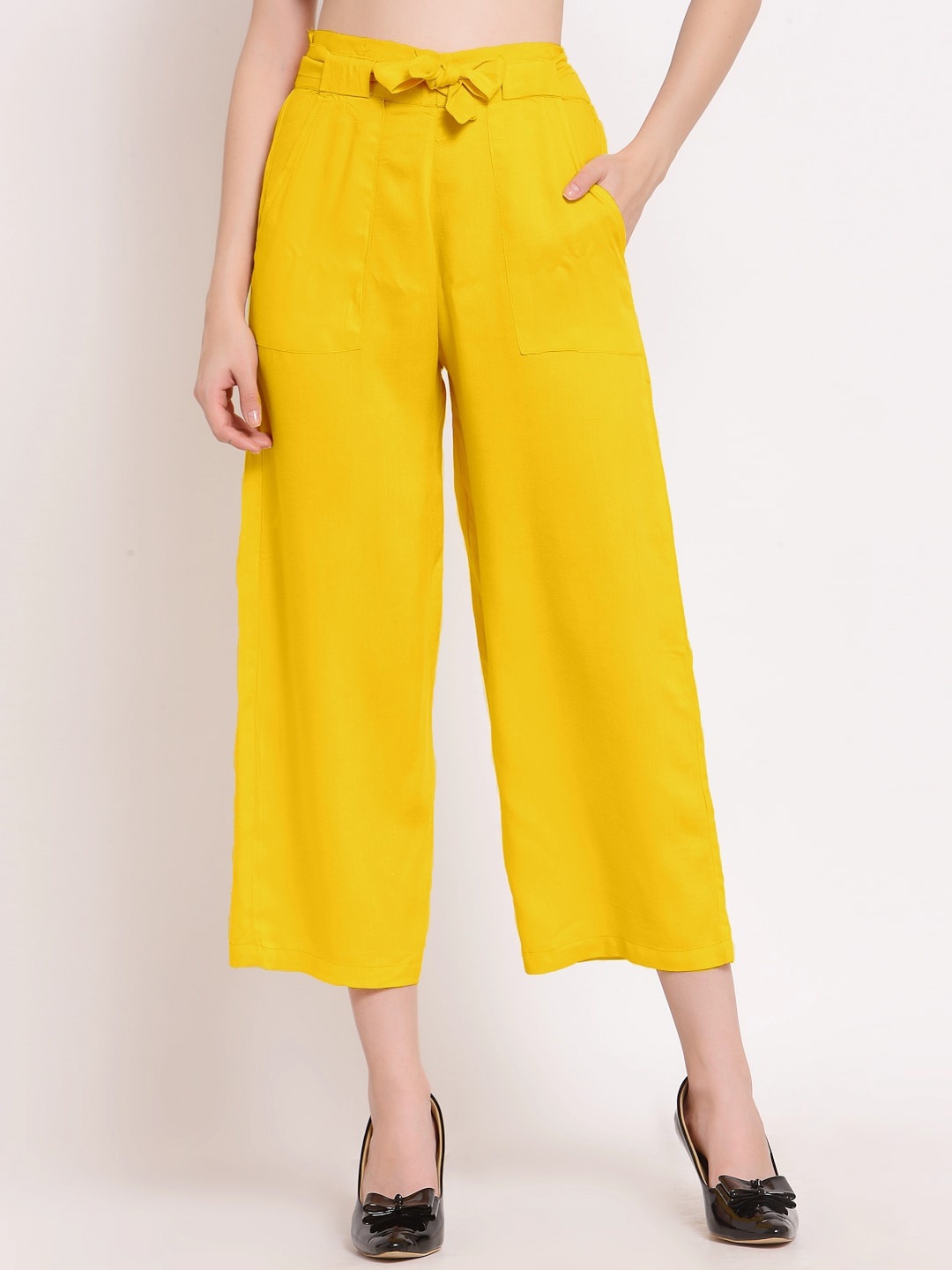 

PATRORNA Women Regular Fit Culotte Smart Culottes Trousers With Belt, Yellow