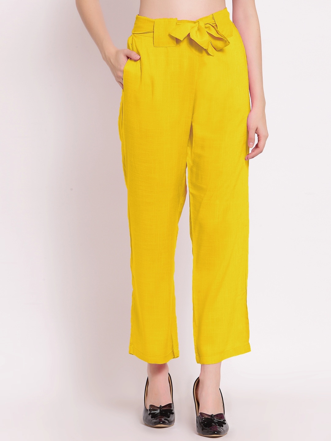 

PATRORNA Women Smart Straight Fit Pleated Trousers, Yellow