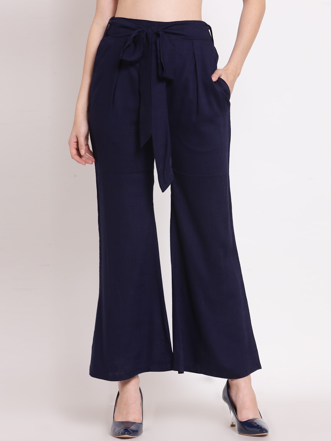 

PATRORNA Women Smart Mid-Rise Bootcut Trousers, Blue