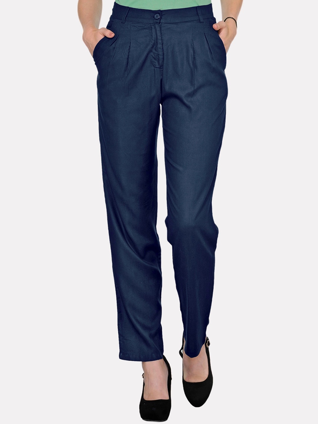 

PATRORNA Women Smart Straight Fit Pleated Formal Trousers, Blue